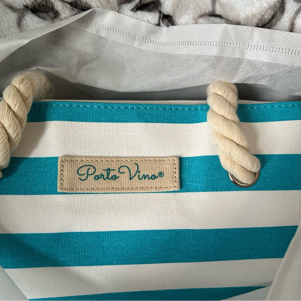 NWT Porto Vino Teal White Striped Secret Insulated Wine Tote Bag Purse - Picture 3 of 14